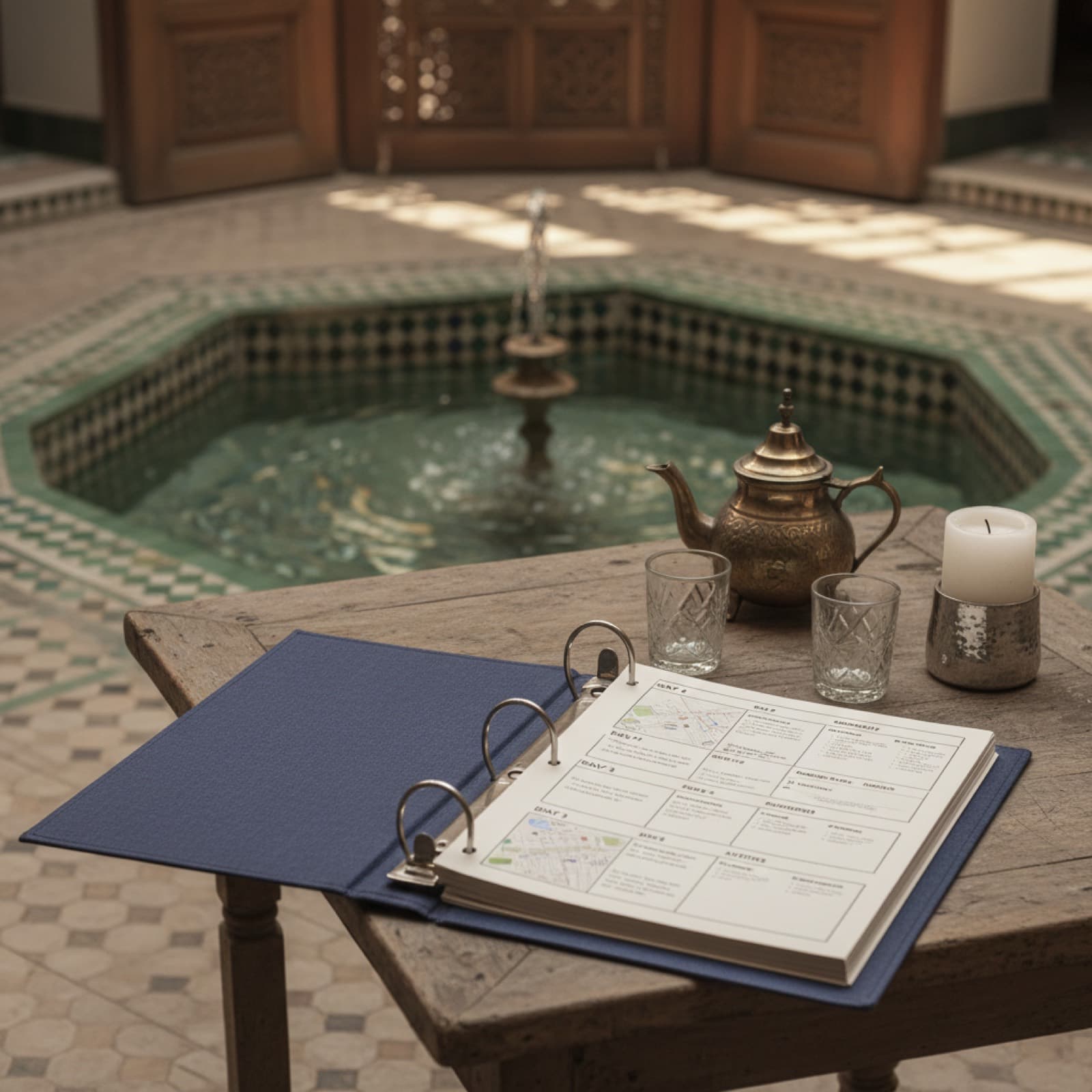 An open three-ring document binder on a wooden table in a riad courtyard, showing structured day-by-day trip-itinerary pages with small map insets and accommodation tables, beside a Moroccan brass teapot, two glass cups, and a candle in a hammered-metal holder, with a green-tiled riad fountain in soft focus behind.