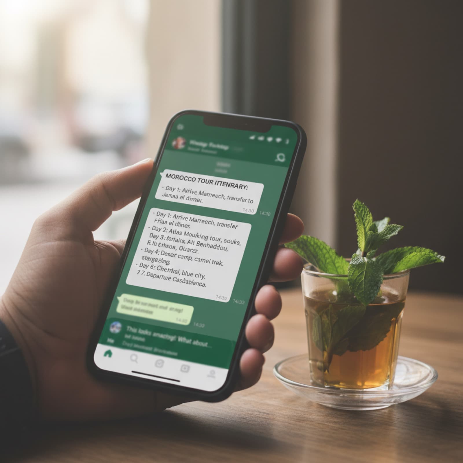 A smartphone held in hand showing a WhatsApp conversation between a traveller and a Morocco tour operator, with itinerary text visible in green message bubbles, beside a small glass of mint tea on a wooden café table.