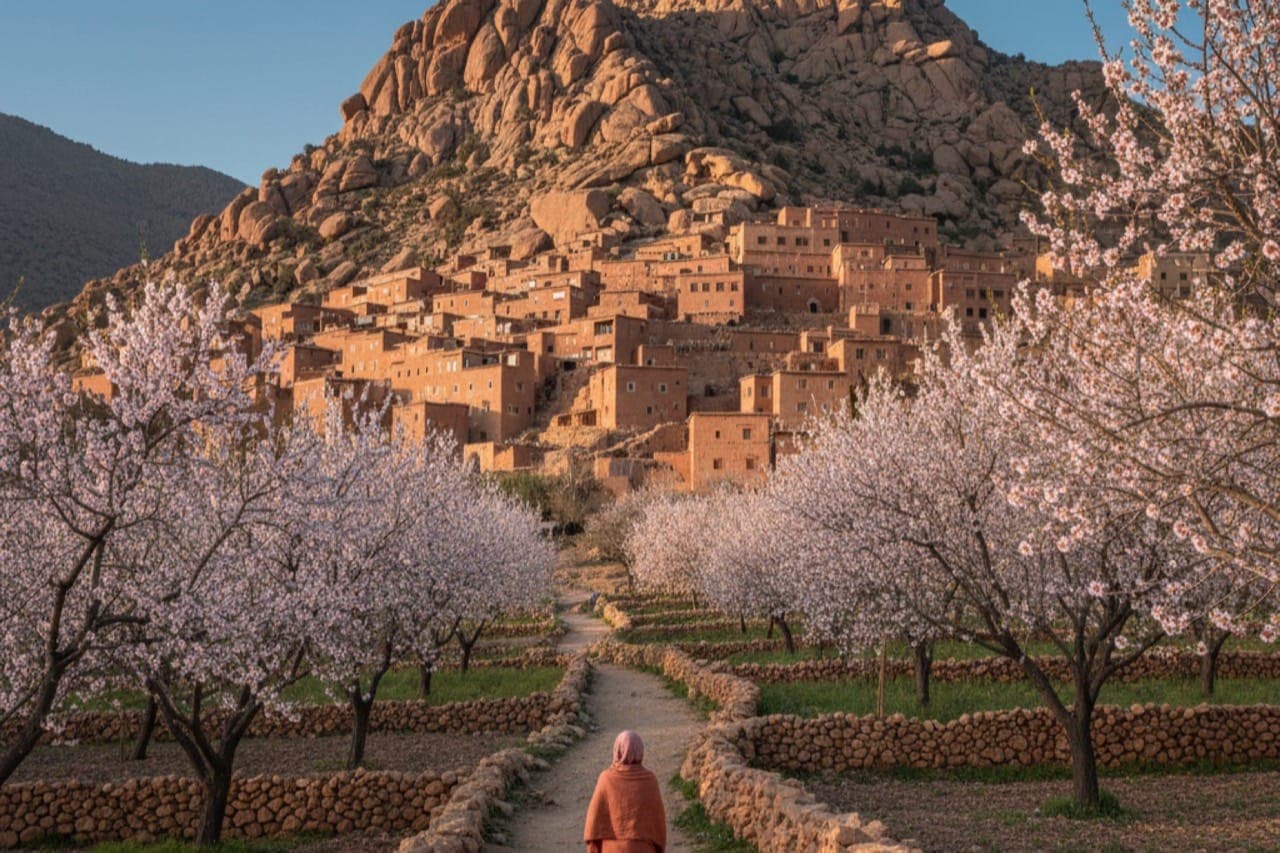Solo walker on a stone-walled path between pink almond trees in the Ameln Valley of Tafraoute Anti-Atlas Morocco, with the ochre village of Oumesnat tucked into the Jebel El Kest granite ridge.