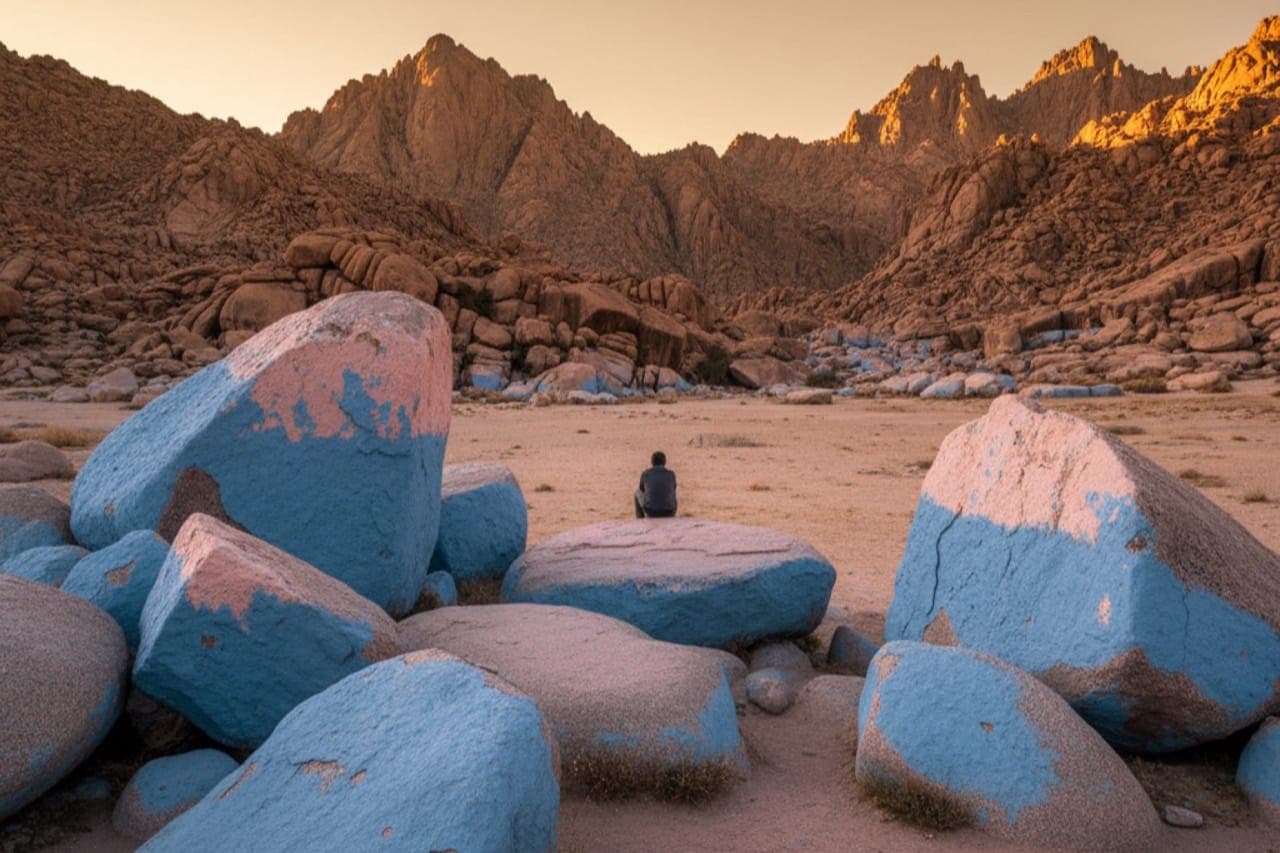 Jean Verame's faded ultramarine blue and salmon red painted granite boulders south of Tafraoute Anti-Atlas Morocco at golden hour, solo back-turned figure on a flat rock for scale, jagged peaks in warm amber dusk light.