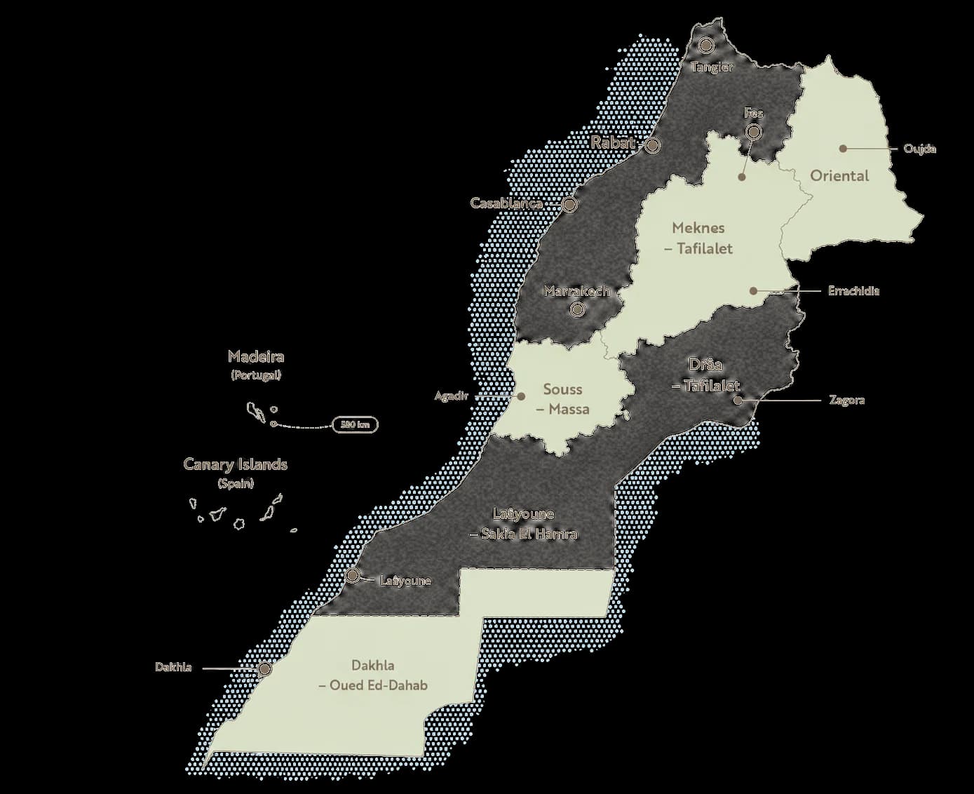 Hand-illustrated map of Morocco showing the six regions and eleven gateway cities covered by Morocco Beauty Spots tours