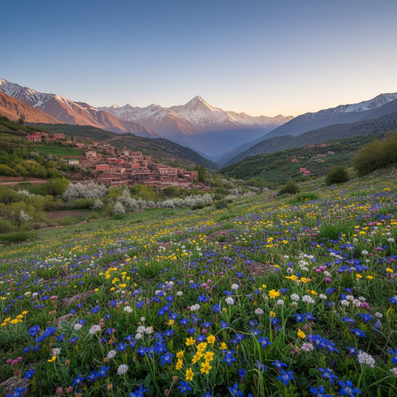 The Imlil valley in mid-May. Alpine wildflower meadow in the foreground with blue gentian, yellow scabious, and white mountain composites; the village of Aroumd at 1,900 metres tucked into the slope mid-frame; the snowy Toubkal massif rising sharply behind, with the summit pyramid visible in the distance.
