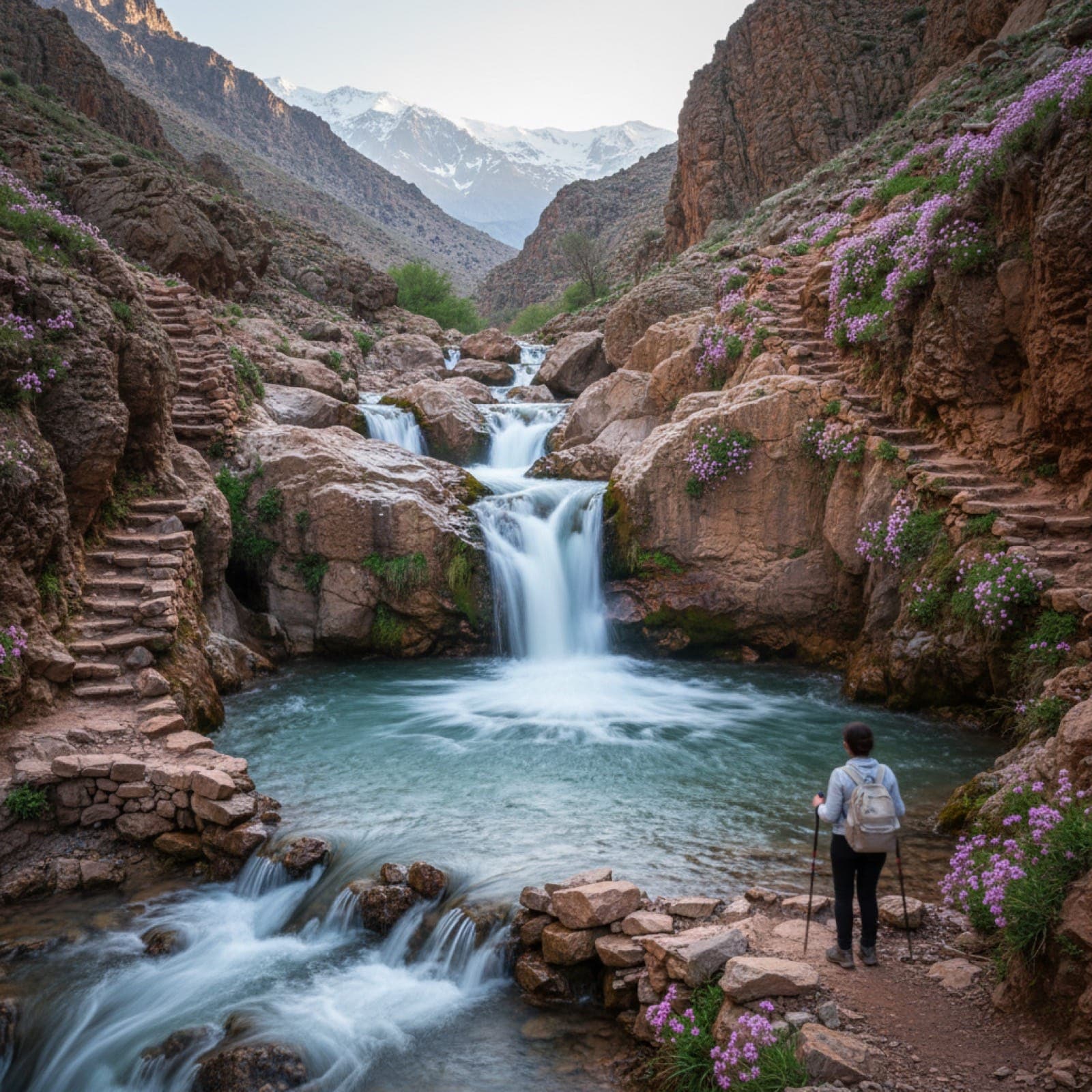 The first of the seven Setti Fatma waterfalls in the upper Ourika Valley, late April. Strong spring-melt flow tumbles over reddish-ochre rocks; pink scabious flowers cling to the gorge walls; distant snow-capped High Atlas peaks visible above. A lone hiker on the stone-bridge trail provides scale.