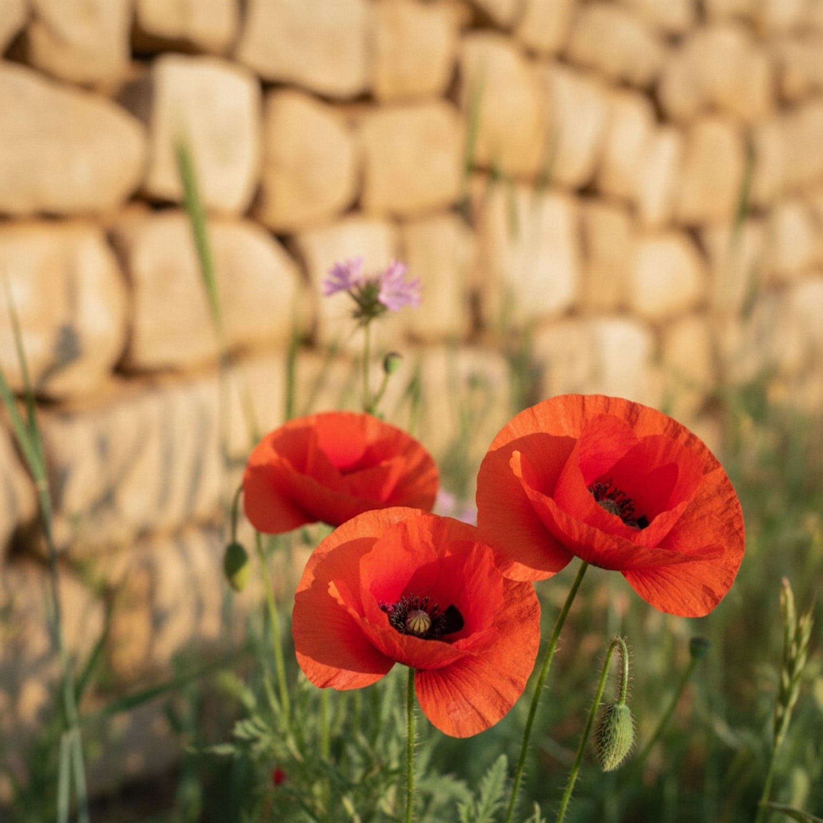 Macro close-up of red poppies (Papaver rhoeas) in a Berber terraced wheat field in the Ourika Valley foothills. The signature wildflower species of Morocco's lower Atlas bloom, with characteristic dark blotches at the base of each petal.