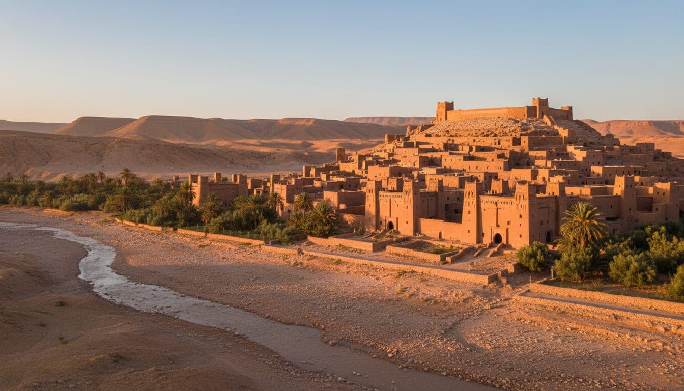 The ochre kasbah of Aït Benhaddou in Morocco, a stop on the Marrakech-to-Fes desert route.