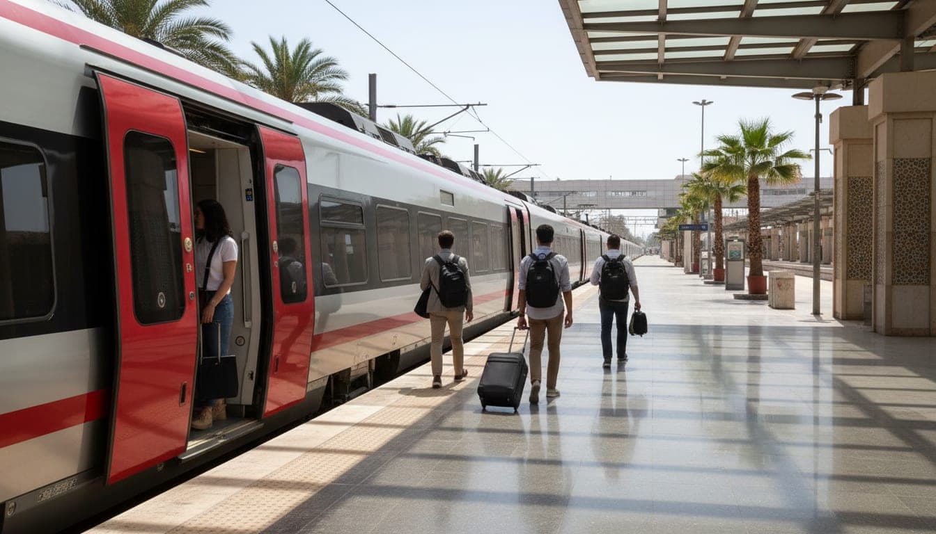 A modern ONCF intercity train at a Moroccan railway station platform.
