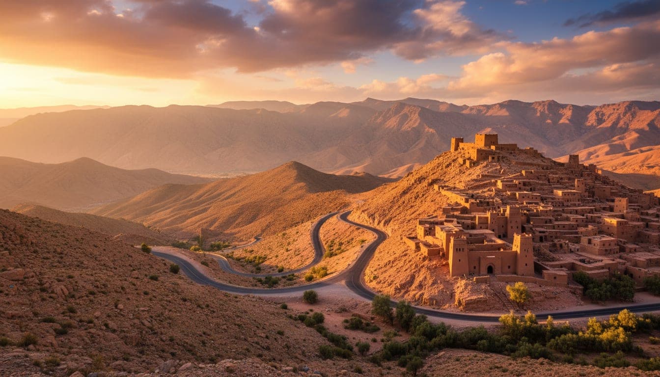 A scenic road winding through the High Atlas mountains past a kasbah in Morocco.