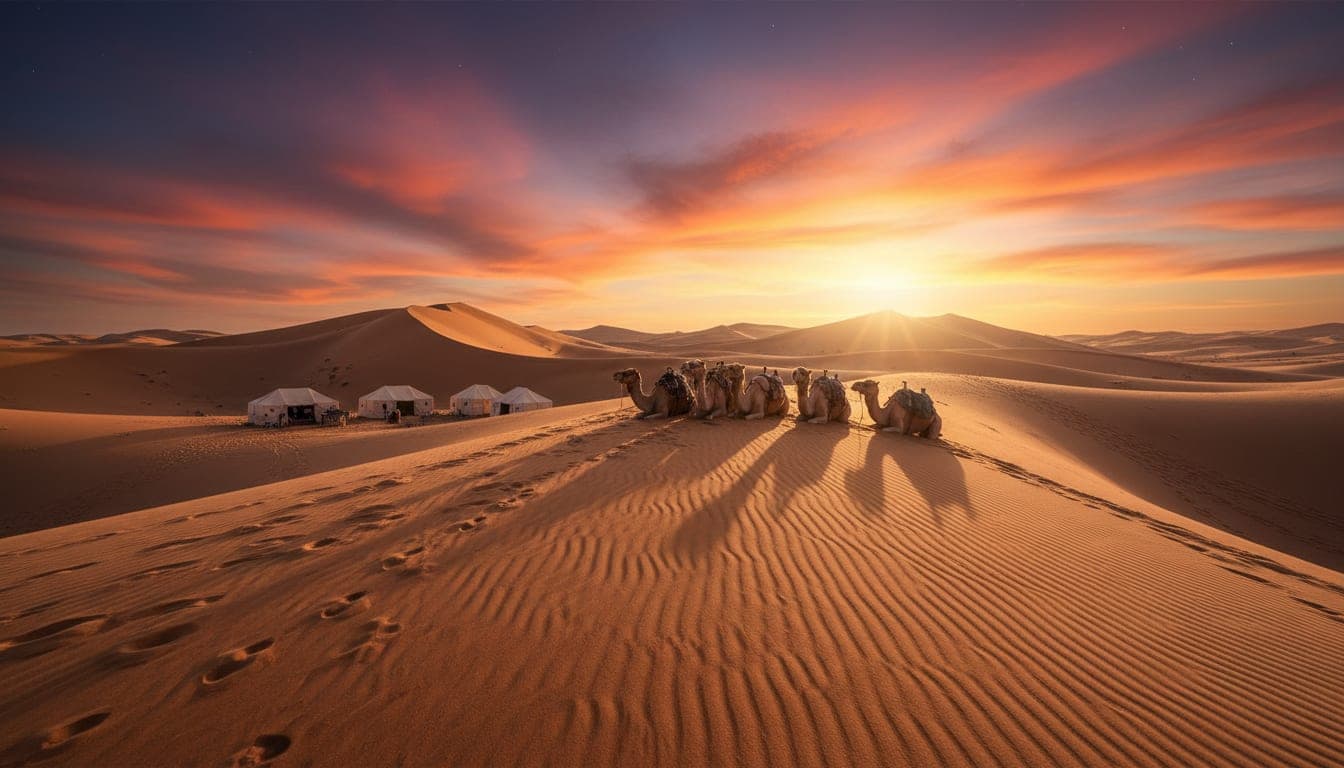 Camels and a desert camp on the Erg Chebbi dunes at sunset near Merzouga, Morocco.