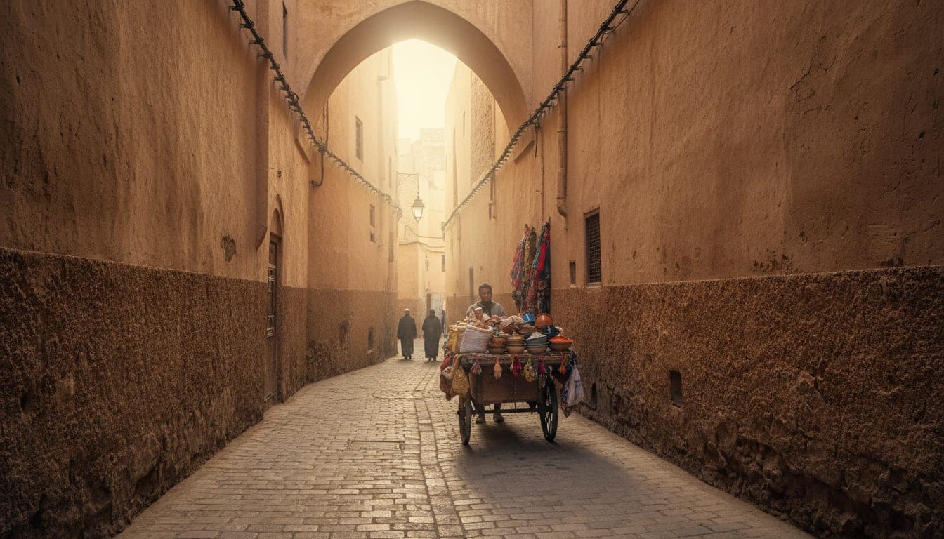A car-free medina alley in Fes, Morocco with a wooden porter cart and no vehicles.