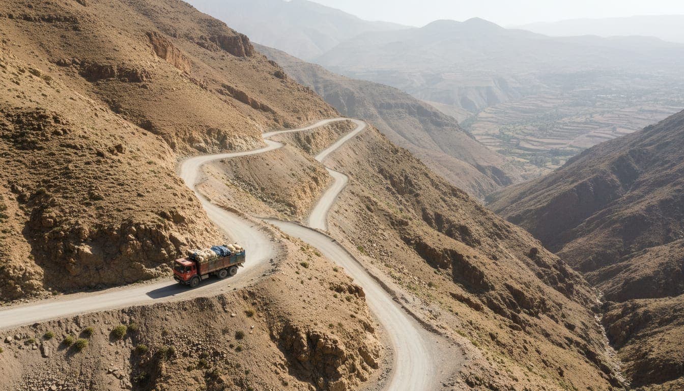 A narrow High Atlas mountain pass road in Morocco with hairpin bends, steep drop-offs and a slow truck.