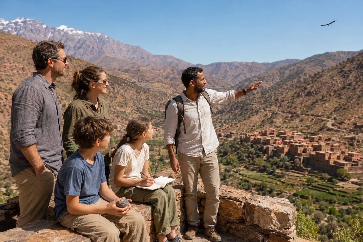 An American family of four with their Moroccan guide on a stone overlook in the High Atlas Mountains.