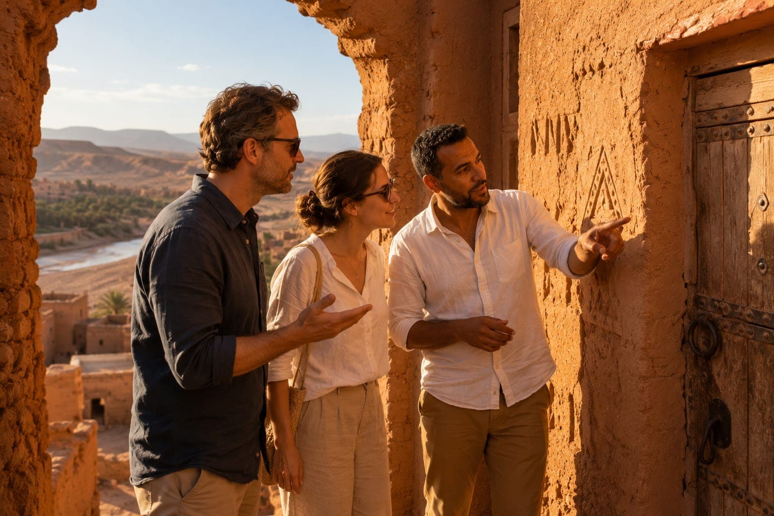 A Moroccan private tour guide showing an American couple a carved detail on the rammed-earth wall of Aït Ben Haddou.