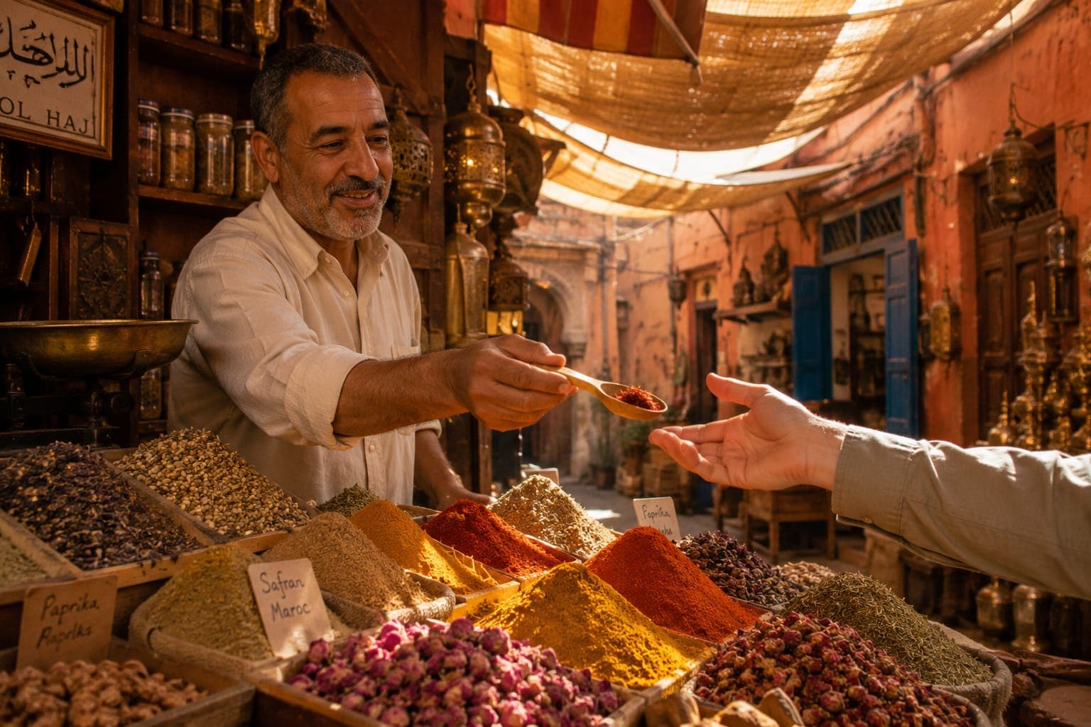 A Marrakech medina spice stall in early afternoon, a vendor extending a wooden spoon of saffron toward a traveler.