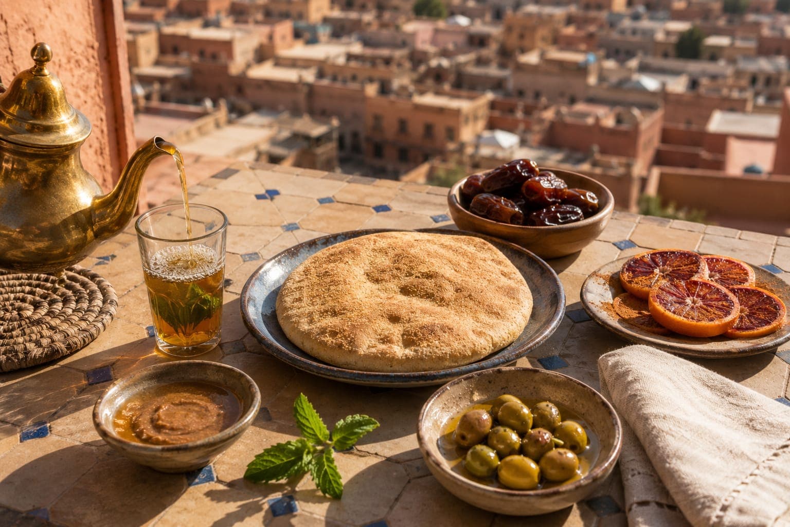 A clean rooftop breakfast table with Moroccan mint tea, khobz bread, dates, oranges, and olives.