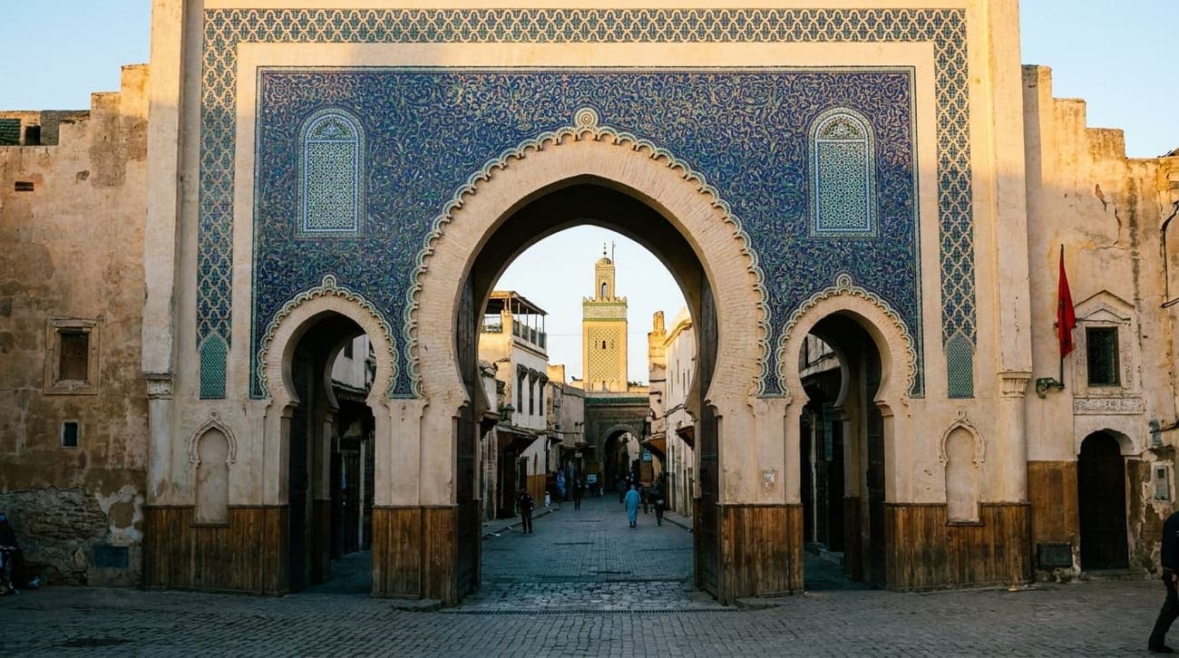The Bab Bou Jeloud blue gate at the entrance to the Fes el-Bali medina in Morocco.