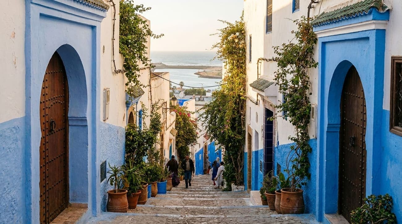 The blue-and-white painted lanes of the Kasbah des Oudaias in Rabat, Morocco, overlooking the Atlantic.