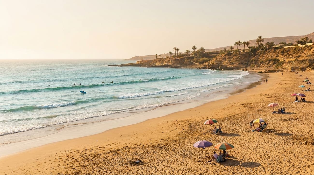 A wide golden-sand Atlantic beach with gentle surf near Taghazout and Agadir, Morocco.