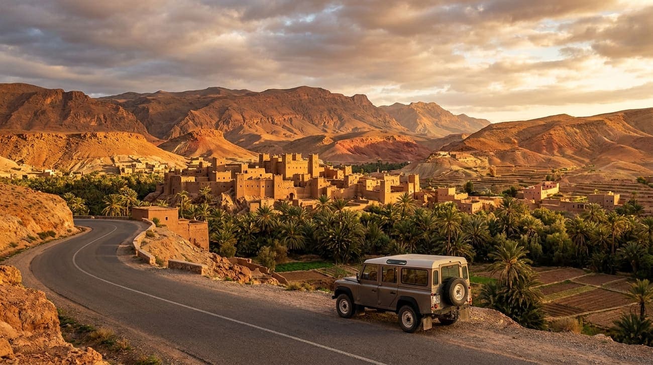 A road winding through the High Atlas mountains past an ochre kasbah village in Morocco.