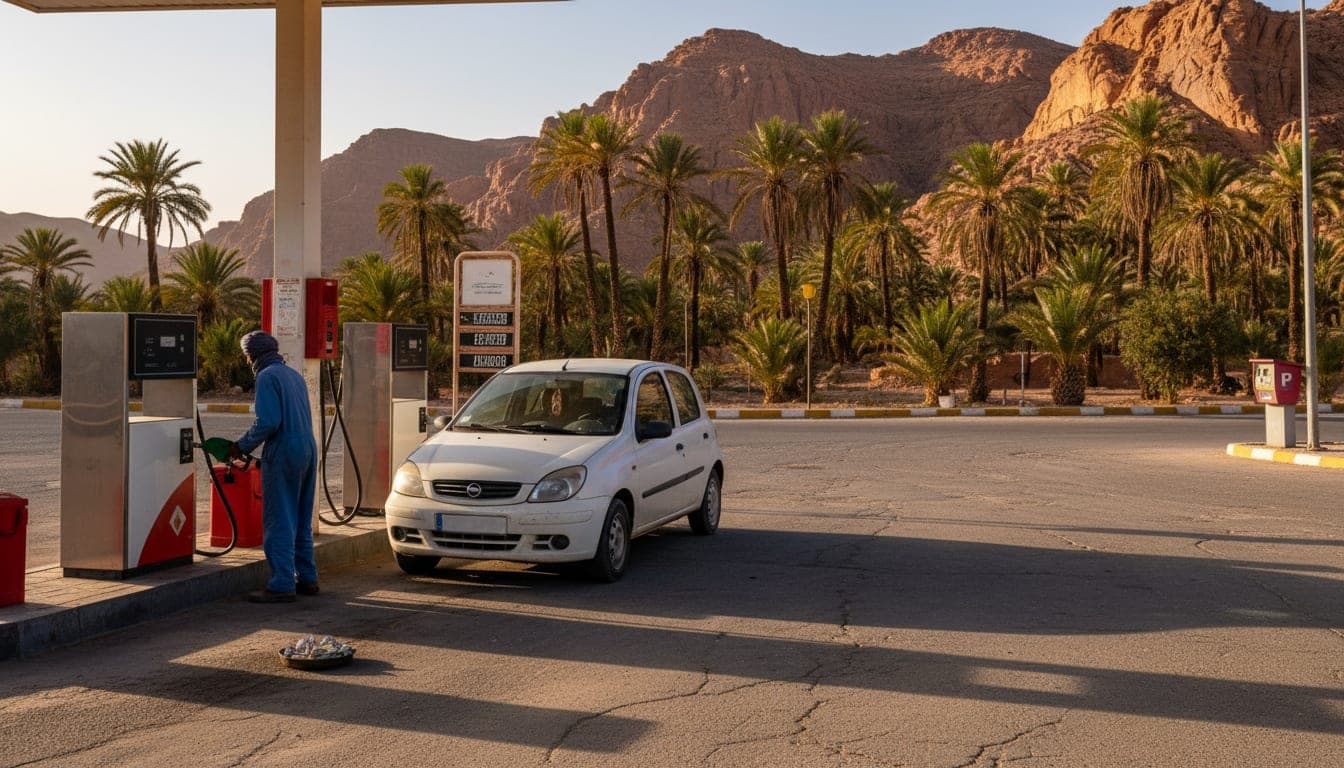 A small rental car at a fuel station in southern Morocco beside a dusty parking area.