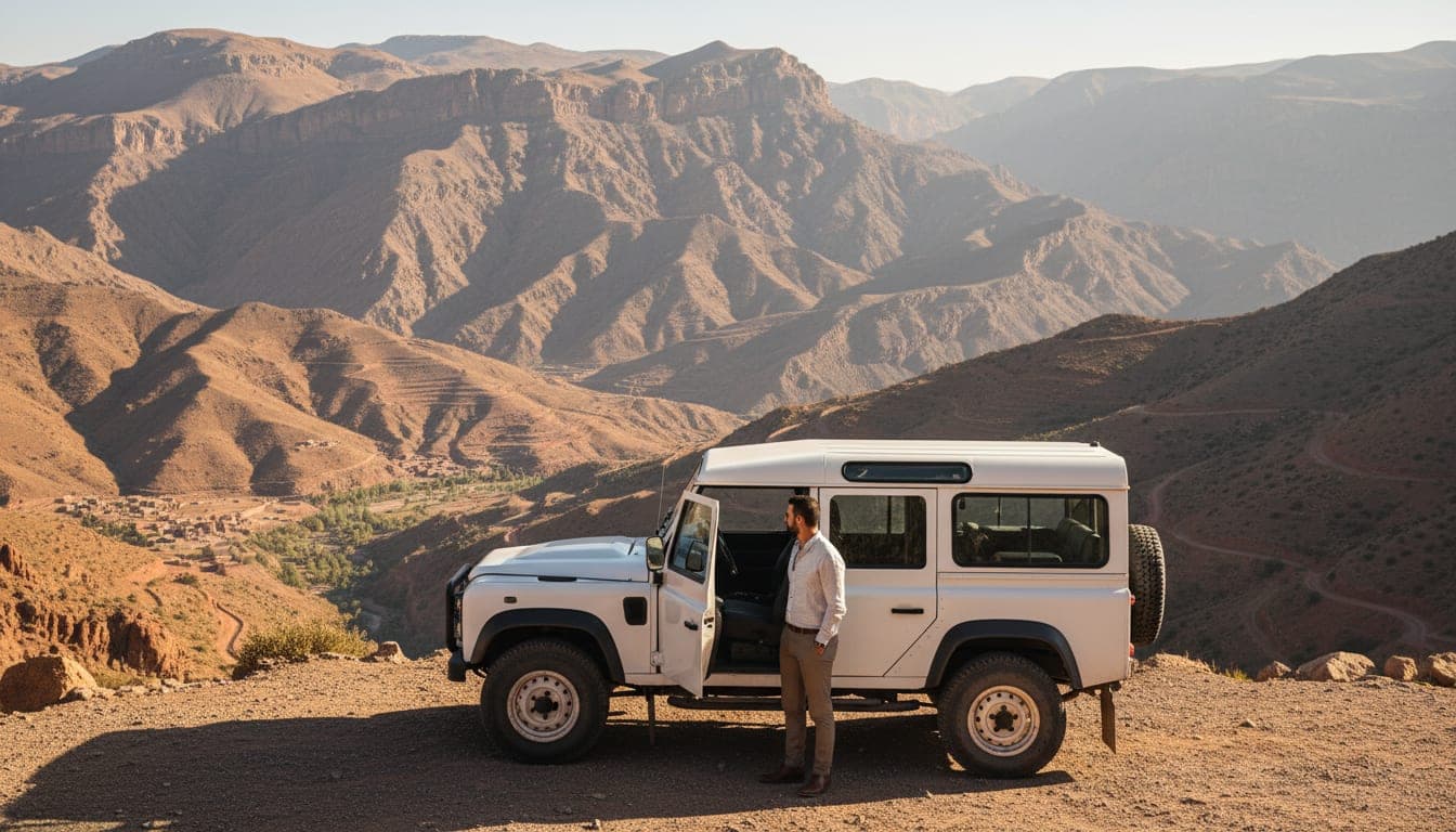 A private driver-guide beside a white 4x4 at a High Atlas viewpoint in Morocco.